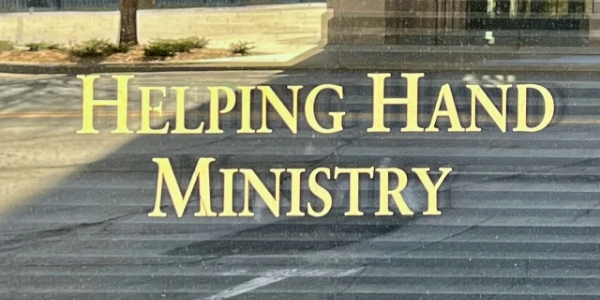 Helping Hand Ministry door vinyl sign in Downtown Tulsa